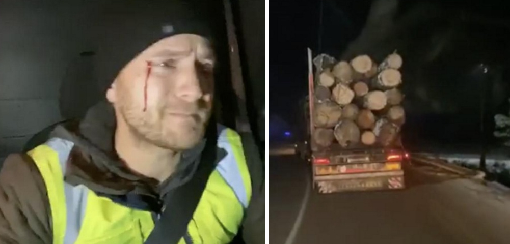 Român atacat de mafia lemnului pentru că a filmat şi urmărit un camion, în timp ce autoritățile nu fac nimic