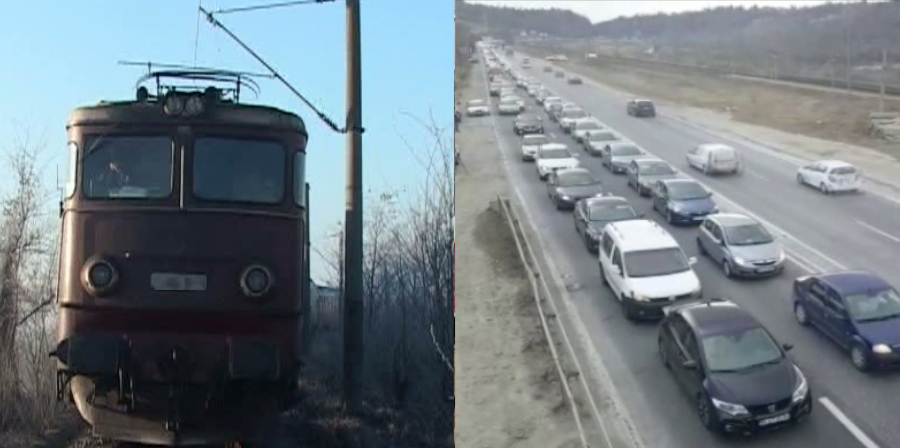 Un tren CFR și o coloană de mașini de pe DN1 s-au luat la întrecere: cine merge mai încet?