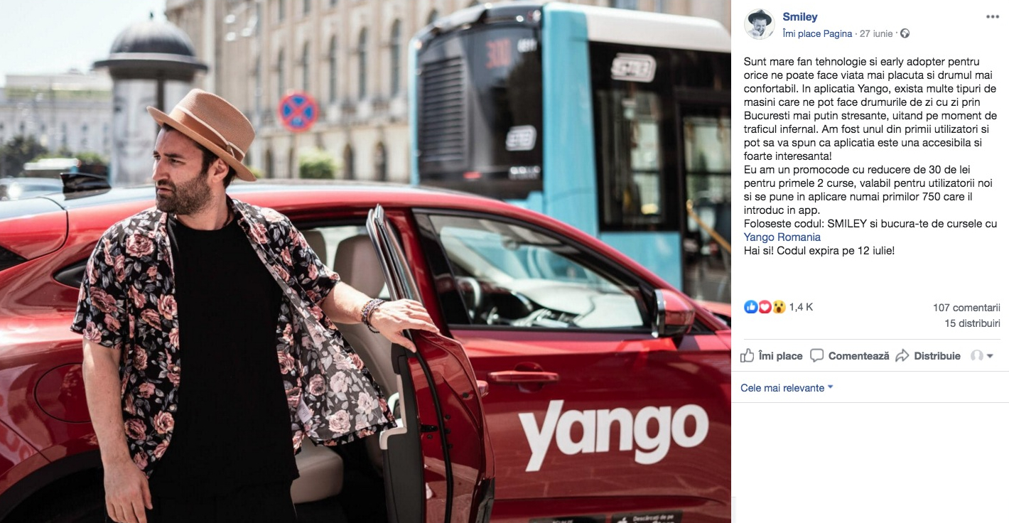 Smiley promovează Yango, aplicația rusească ce copiază Uber așa cum îl copiază el pe Timberlake (adică fără talent)