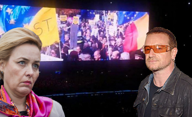 Sataniștii de la U2 proiectează la concerte imagini de la protestul din 10 august! Bono la pușcărie!